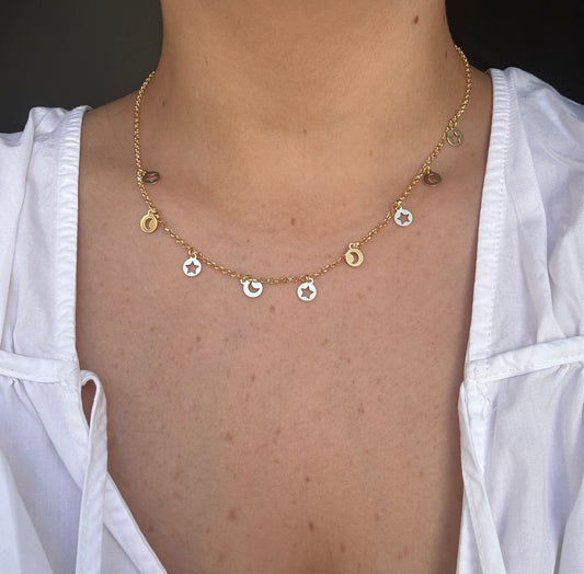 Collar sol y luna plata de ley 925 bañada en oro 18k, colgante autoajustable, cómodo, con luz propia, joya de diario, joya para durar.