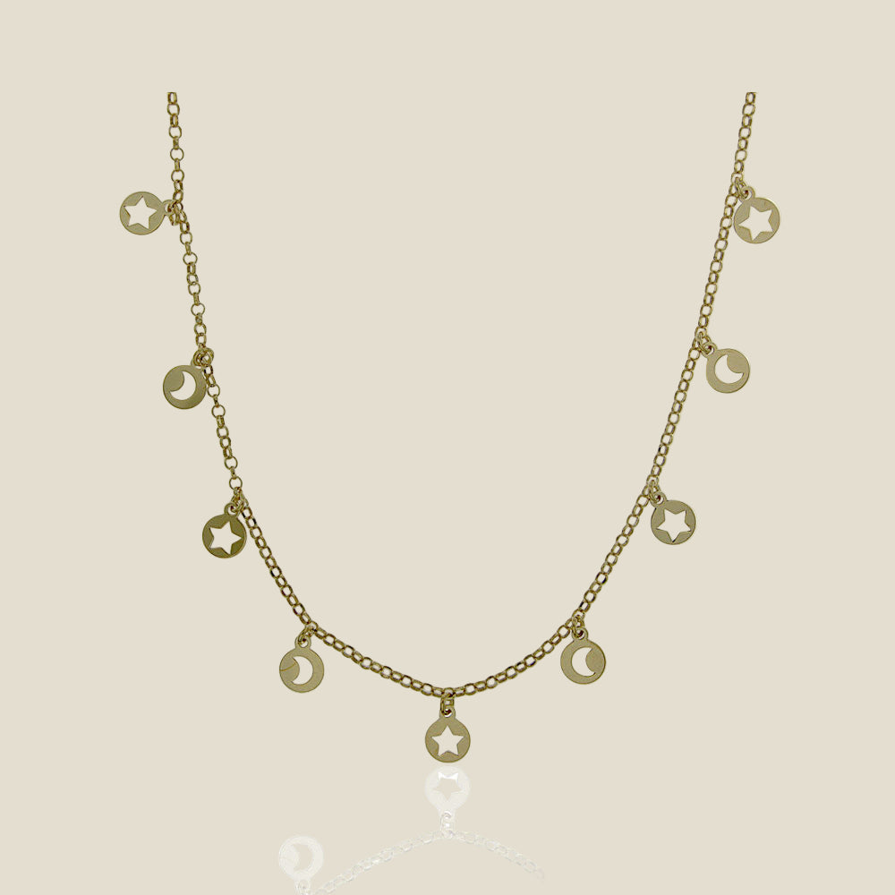Collar sol y luna plata de ley 925 bañada en oro 18k, colgante autoajustable, cómodo, con luz propia, joya de diario, joya para durar.