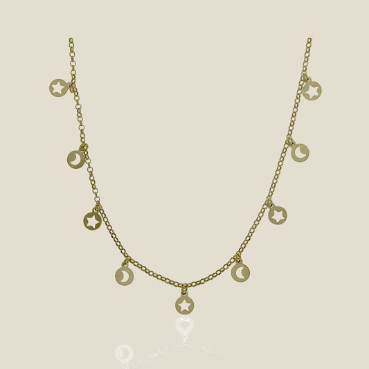 Collar sol y luna plata de ley 925 bañada en oro 18k, colgante autoajustable, cómodo, con luz propia, joya de diario, joya para durar.