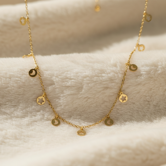 Collar sol y luna plata de ley 925 bañada en oro 18k, colgante autoajustable, cómodo, con luz propia, joya de diario, joya para durar.